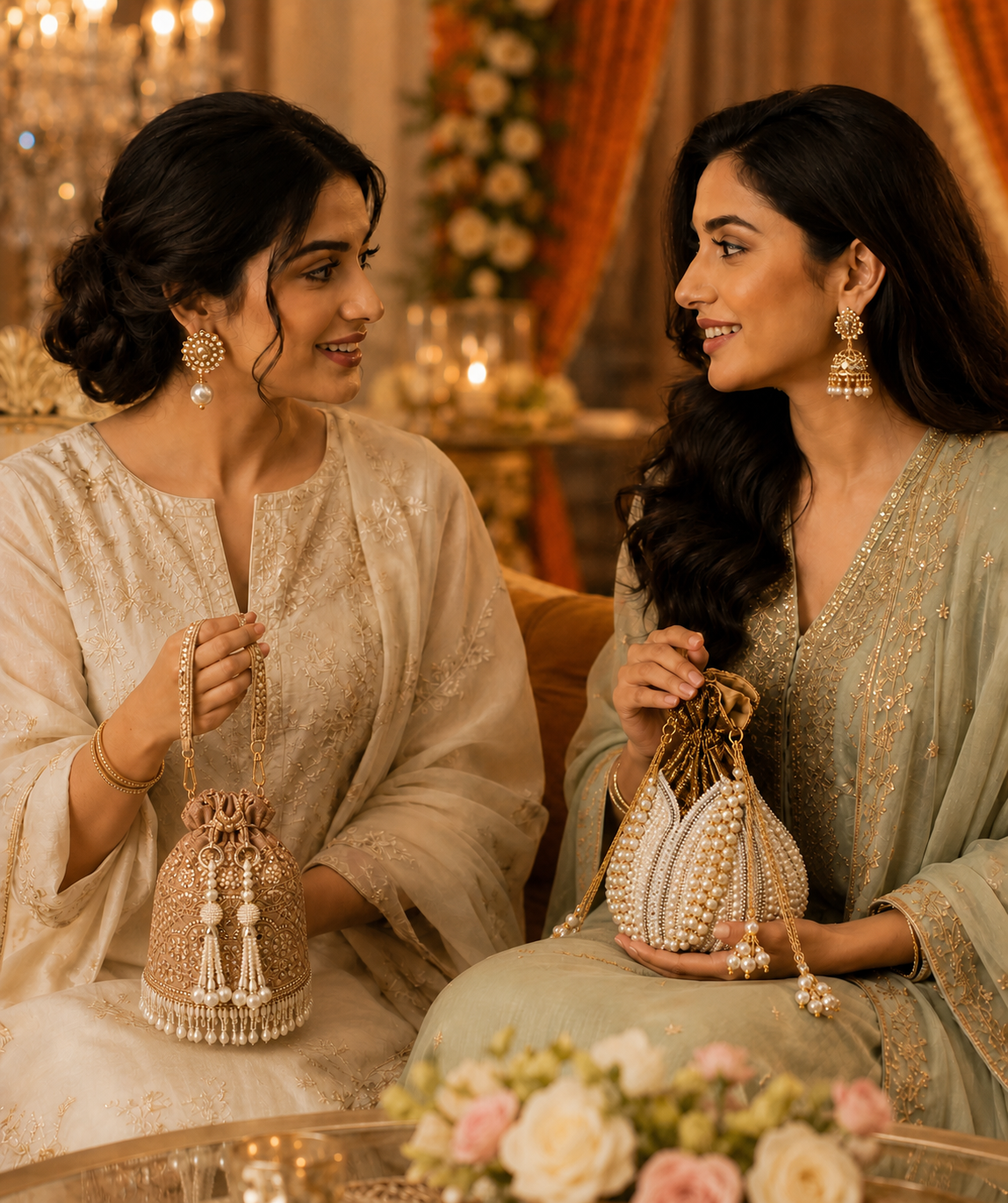 Two women holding embellished potli bags